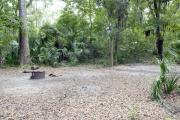 A September view of tent site #26, showing raised tent pad, fire ring, and lantern post.  Picnic table, water and electrical hookups are a short distance away.  Site is surrounded on three sides by a mixed oak, pine, and cabbage palm forest.