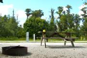 A fire circle and a picnic table in the foreground with the neighboring campsite across the road.