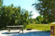 A gravel sitting area with a wooden picnic table and a cast-iron fire circle. Low growing trees gives some privacy and shade to the back.