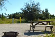 A gravel sitting area with a wooden picnic table and a cast-iron fire circle in the foreground. Water and electric hookups are across the sitting area. A couple of lower trees and bushes are between the sites.