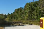 A gravel sitting area with a wooden picnic table, a cast-iron fire circle, and a wooded backdrop.