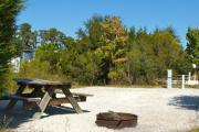 A gravel sitting area with a cast-iron fire circle and a wooden picnic table in the foreground with low growing vegetation next to neighboring site.