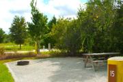 A wooden picnic table and a cast-iron fire circle with low growing vegetation separating it from the neighboring campsite.