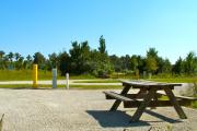 A picnic table in the foreground with the neighboring campsite across the road.