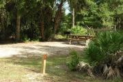 Looking at campsite with marker #1 on right; site is mostly sunny in afternoon; picnic table and fire ring are located at rear of site