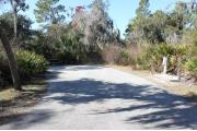 Looking into site from campground road; water spigot and electrical hook up on right; picnic table and standing grill is on left; site is paved