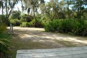 Looking out of site toward campground road; fire ring and picnic table at rear; water spigot and electrical on left; site mixture of grass and sand, partially shaded
