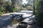 Looking out of site toward campground road; fire ring and picnic table at rear of site; water spigot and electrical on left; site mixture of grass and sand, partially shaded