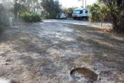 Looking out of site toward campground road; fire ring and picnic table on right; water spigot and electrical on left; site mixture of grass and sand, partially shaded