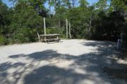 View of a picnic table, fire ring, and clothesline poles in partial shade.