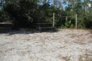 View of a picnic table, fire ring, and clothesline poles in partial shade.