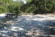 View of a picnic table, fire ring and fence in partial shade.