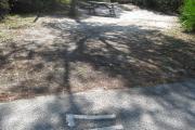 A view of the campsite with a shell/sand base and partial shade.