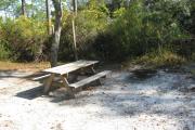 View of a picnic table, fire ring and clothesline poles in partial shade.