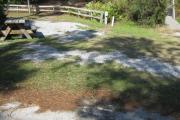 A view of the campsite with a shell/sand base and partial shade.