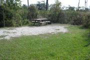 View of a picnic table, fire ring and clothesline posts in bright sunshine.