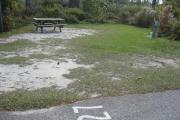 A view of the campsite with a shell/sand/grass base.