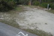 A view of the campsite with a shell/sand/grass base and partial shade.