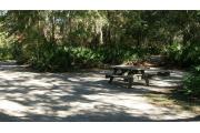 This view is from the rear of site number 7 and shows the picnic table and fire ring/grill to the right. The site is mostly shaded with a clean sandy site area for your camper.