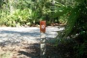 Close up of a brown campsite marker on a wooden post indicating campsite number 10, with mowed grass in the foreground and thick bushes and trees in the background. This site is a beautiful 56 foot back in site and is partially shaded. It is located on the backside of the circle drive and is among some of sites that are farthest from the bathhouse.