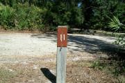 Close up of a brown campsite marker on a wooden post indicating campsite number 11, with mowed grass in the foreground and thick bushes and trees in the background. This site is a pretty 49 foot back in site and is partially shaded.