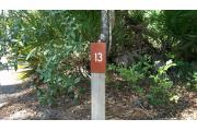 Close up of a brown campsite marker on a wooden post indicating campsite number 13, with a variety of shrubs and trees present. This site is a beautiful 62 foot pull through site and is partially shaded.