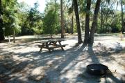This shows a view of campsite number 14 from the rear looking back toward the circle drive. You can see the picnic table, fire ring/grill and water and electrical connections. The site is mostly open with larger pine and oak trees in and among the site.