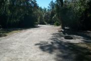 As viewed from the back of the site looking toward the circle drive, site number 20 has a good privacy border of trees and shrubs. Again the picnic area is seen to the right and the electrical and water is just off the screen view to the left.
