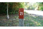 Close up of a brown campsite marker on a wooden post indicating campsite number 21, with mowed grass and small trees and palmettos. This site is a large 100 foot pull through site and is partially shaded.