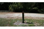 Close up of a brown campsite marker on a wooden post indicating campsite number 23, with mowed grass in the foreground. This site begins to butt up to the parks pine timber stand to the back. This site is a beautiful 50 foot back in site and is partially to mostly shaded.