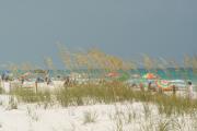 A line up of colorful umbrellas seen from behind the dune at Henderson Beach State Park.