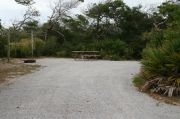 Campsite with picnic table, fire ring and clothes lines poles.