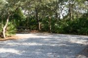Picnic table and clothes line in campsite.