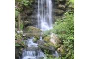 This photo shows a waterfall in front of rocks with some vegetation around it. The waterfall is part of the cultural history of Rainbow Springs State Park.