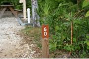 Close-up photo of the brown with white site number sign on a wooden post.