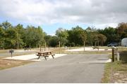This photo shows an empty paved ADA accessible site with only grass surrounding the site. Another RV is visible. This site is a short distance to the bathhouse