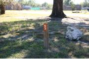 Close-up photo of the brown with white site number sign on a wooden post.
