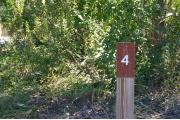 Close-up photo of the brown with white site number sign on a wooden post.