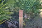 Close-up photo of the brown with white site number sign on a wooden post.