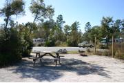 This photo shows an empty fine gravel pad that is partially shaded. There is vegetation with some trees surrounding the site. The loop drive and other RVs are visible through the back of the site.