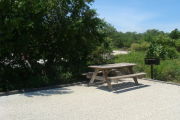 Photo: 010, View of gravel campsite with picnic table and grill, RV and bushes in background.