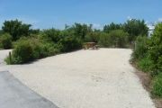 Photo: 012, View of gravel campsite with picnic table and grill, bushes in background.