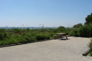 Photo: 013, View of gravel campsite with picnic table and grill, Atlantic Ocean and bushes in background.