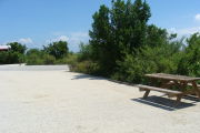 Photo: 018, View looking out from back of site to campground road. RV and bushes in background.