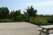 Photo: 022, View of gravel campsite with picnic table and grill, Atlantic Ocean and bushes in background.