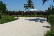 Photo: 025, View of gravel campsite with picnic table and grill. Fence and day-use bathhouse roof in background.