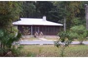 Looking out the front of the cabin at an angle you focus on the wooded area between cabin 5 which is on the opposite side of the cabin area road, and cabin 4 located closer to the entrance. The side and rear view from the cabin is of a hardwood hammock beyond a narrow open area between the woods and the cabins. In back is a picnic table and grill.