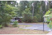 The front view includes a view of cabin number 1 and the cabin access road. The side and rear view from the cabin is of a hardwood hammock beyond a narrow open area between the woods and the cabins. In back is a picnic table and grill set on a cement slab for easier accessibility.