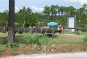 Visitors to Topsail Hill State Park seated on benches at the outdoor amphitheater listening to an educational program with a small pond in the background.