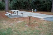 A view of RV site two at Topsail Hill Preserve State Park showing the site marker, picnic table, and utility hook up boxes.
